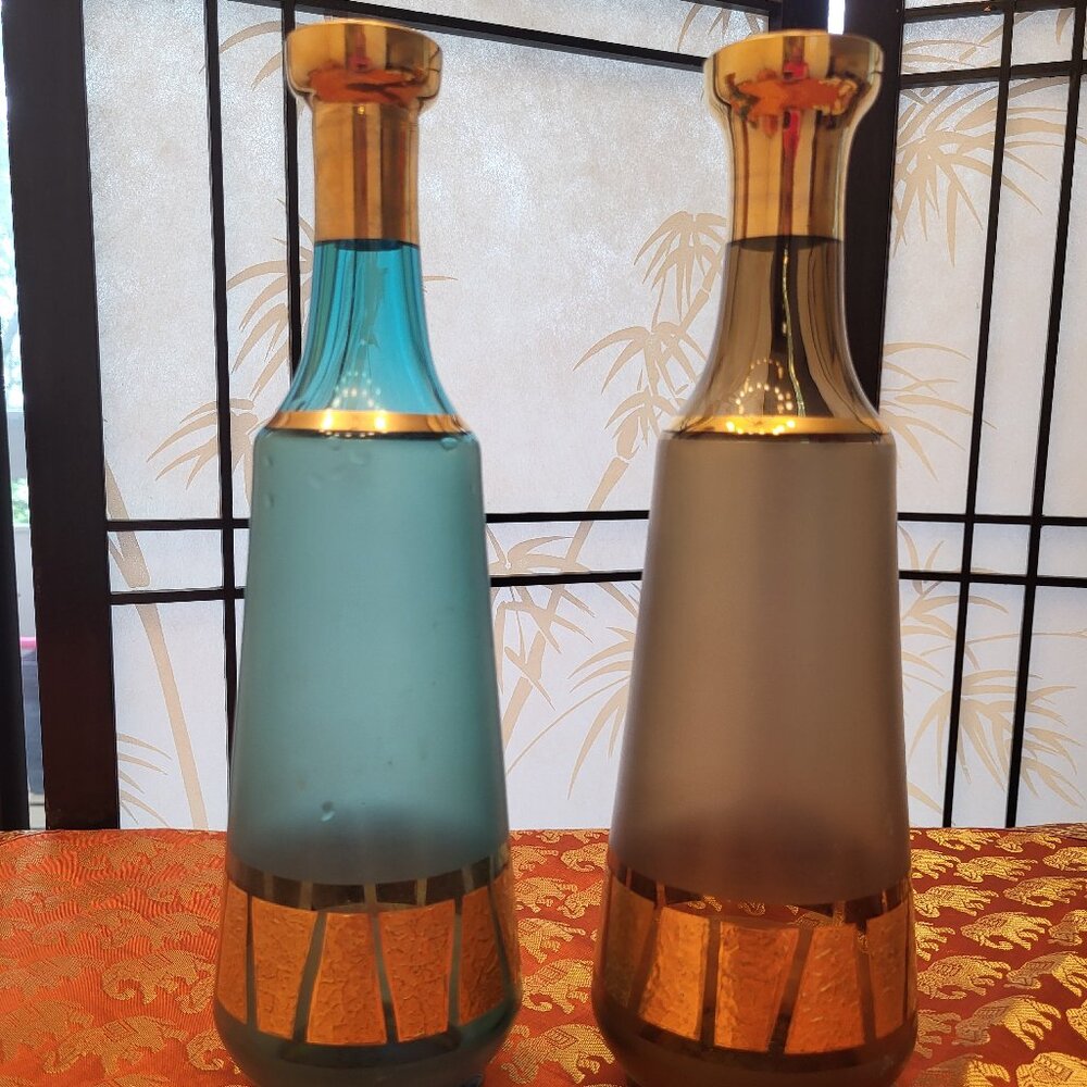 Set of 2 60s MCM Bohemian Decanters Cobalt Blue & Brown w/ Gold Gilt